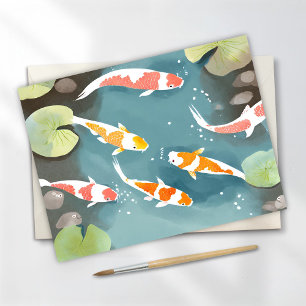 Teich mit Koi-Aquarell   Schöne Fischmalerei Postkarte