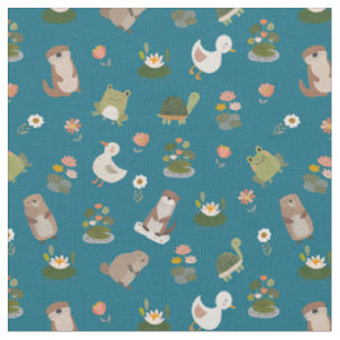 Teich-Tiere & Seerosenblätter auf Cyan Stoff