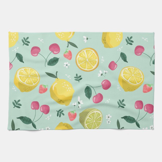 Teiche, Kirschen und Erdbeeren Fruchtmuster Geschirrtuch (Horizontal)
