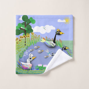 Teiches im Cartoon mit Gänsen und Enten Waschlappen