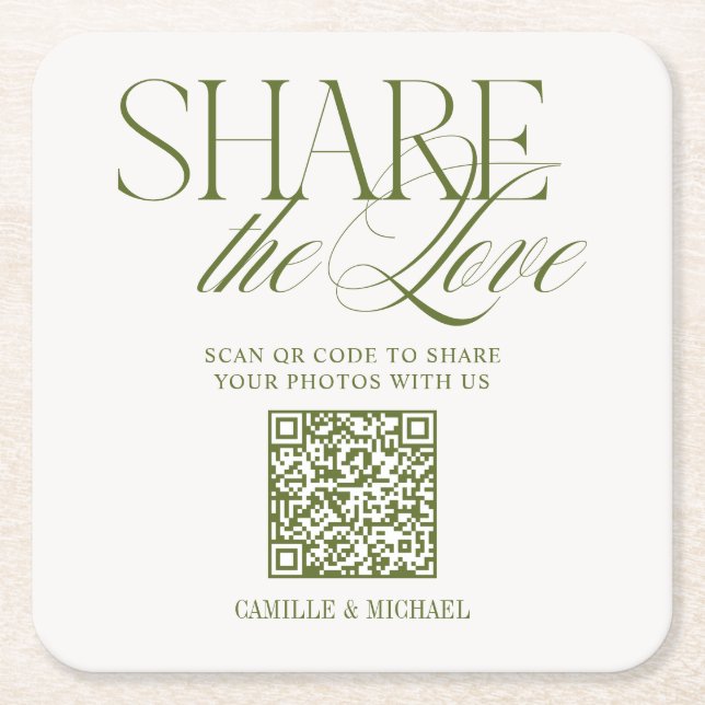 Teile die Liebe QR-Code Olivgrüne Hochzeit Rechteckiger Pappuntersetzer (Vorderseite)