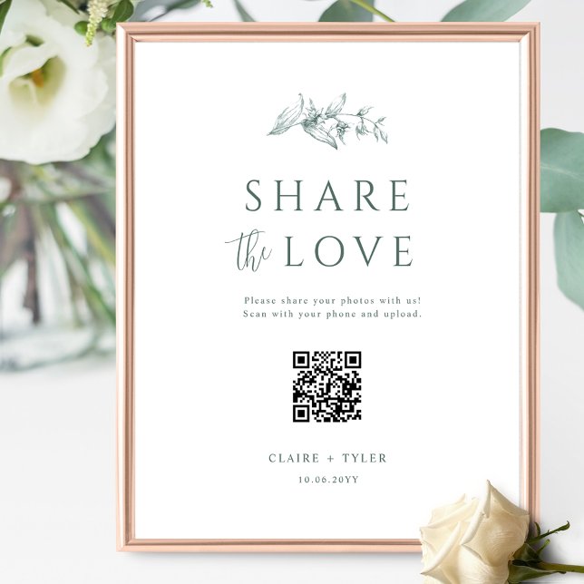 Teilen Sie die Liebe, Elegant Green Wedding QR Cod Poster (Von Creator hochgeladen)