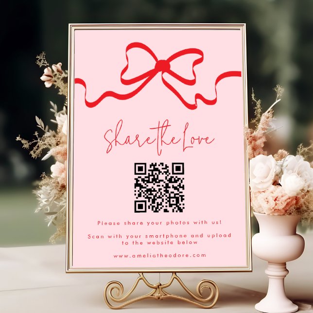 Teilen Sie die Liebe Red Bow Wedding Foto QR Code Poster (Von Creator hochgeladen)