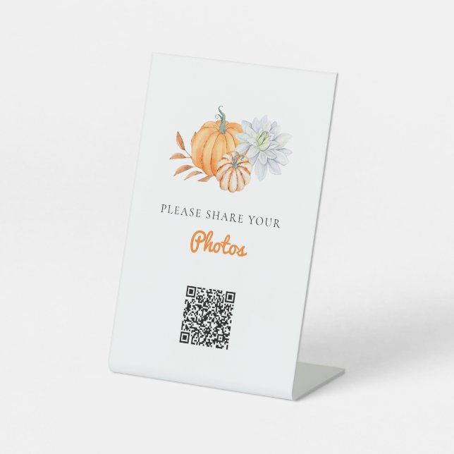 Teilen Sie Ihre Fotos Pumpkin Baby Dusche QR Code Sockelschild (Vorderseite)