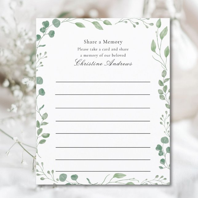 Teilnahme am Gedächtnisbeerdienst (Share a Memory!  Minimal, elegant, funeral service attendance white card, eucalyptus design.)