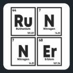Teilnehmer Periodic Table Marathon Runners Science Quadratischer Aufkleber<br><div class="desc">Ein humorvolles Design eines Periodischen Tisches,  der "Runner" für Individuen sagt,  die Leidenschaft für Laufen und Chemie haben. Ob sie Joggen in der Natur genießen oder in Marathons oder Triathlons konkurrieren,  dieses Design ist für diejenigen,  die beide verfolgen Liebe.</div>