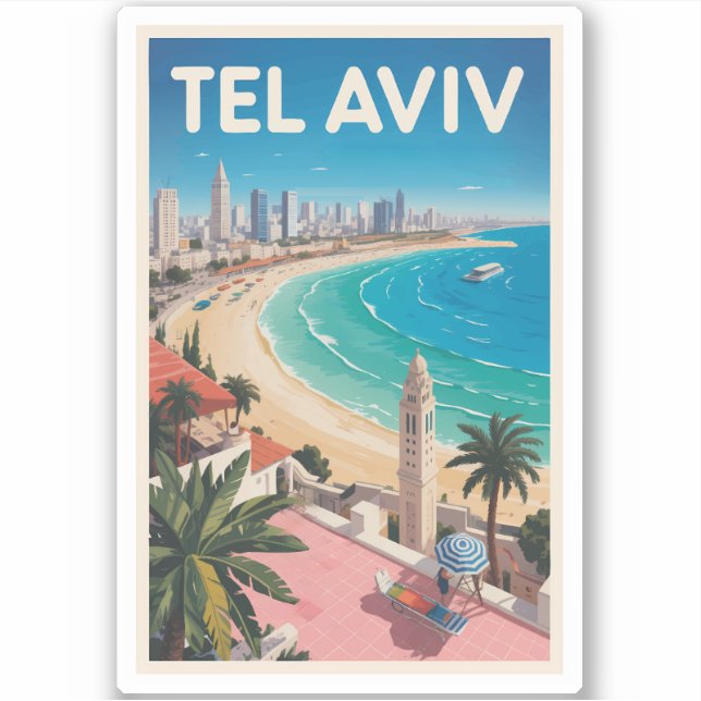 Tel Aviv Israel Illustration Travel Art Vintage Aufkleber (Vorderseite)