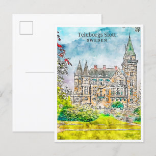 Teleborgs Slott Schweden Vintage Reise Aquarell Postkarte