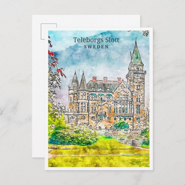 Teleborgs Slott Schweden Vintage Reise Aquarell Postkarte (Vorne/Hinten)