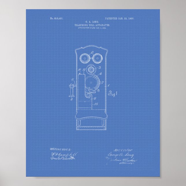 Telefon Toll 1906 Patentart Blueprint Poster (Vorne)