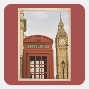 Telefonkabine und Turm des Big Ben Quadratischer Aufkleber