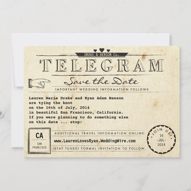Telegram Vintage Travel Hearts Save the Date (Vorderseite)