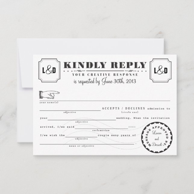 Telegramm Libs Response Card Schwarz und Weiß Einladung (Vorderseite)