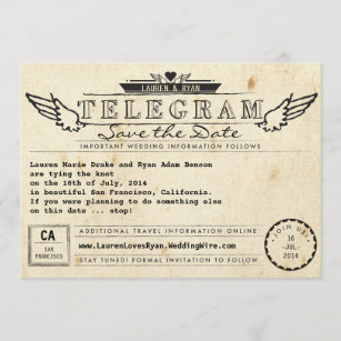 Telegramm-Vintage Reise Winged Herz Save the Date