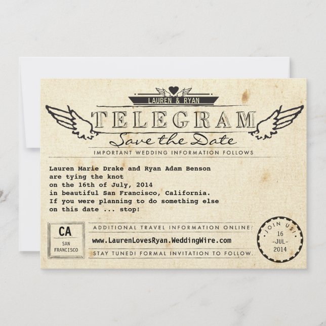 Telegramm Vintage Travel Foto Card Save the Date (Vorderseite)