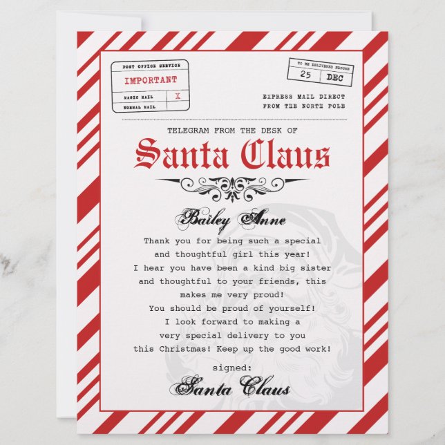 Telegrammbrief von Santa Personalisiert (Vorderseite)