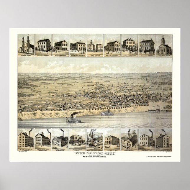 Tell City, in Panorama-Karte - 1870er Poster (Vorne)