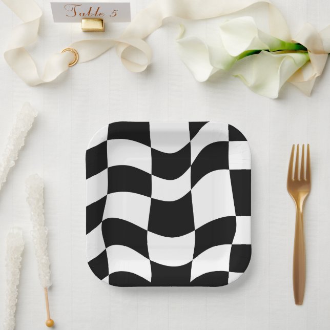Teller aus abstraktem Schwarzweiß-Schachbrett (Hochzeit)
