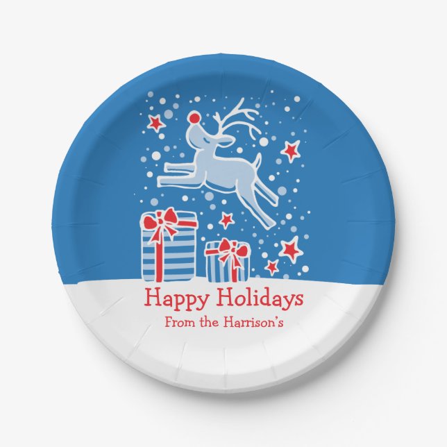 Teller aus blauem Weihnachtsrentiermuster (Vorderseite)
