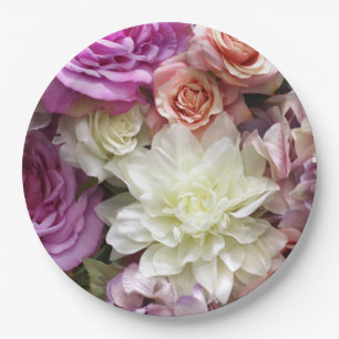 Teller aus Blumenpapier mit Dahlien und Rose