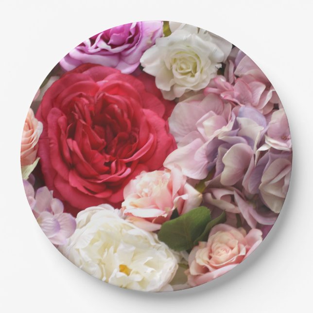Teller aus Blumenpapier mit Rose und Hydrangen (Vorderseite)