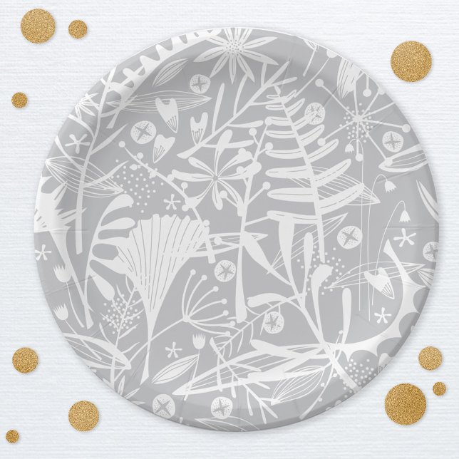 Teller aus botanischem Silber, graues Blumenpapier (Silver gray botanical pattern elegant paper party plates)
