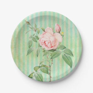 Teller aus Papier, Blumenrosa Rosa, Grünstreifen