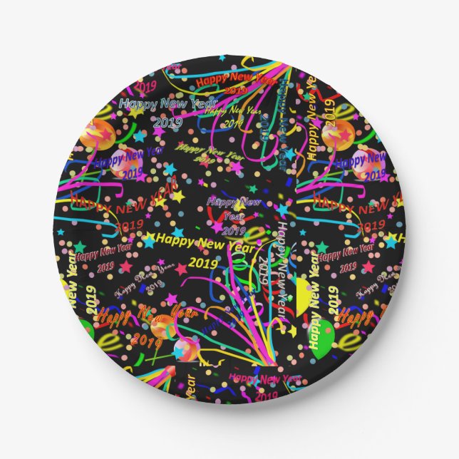 Teller aus Papier, glückliches neues Jahr 2019, (Vorderseite)