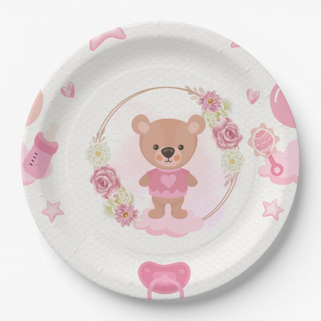 Teller für Baby-Party mit rosa Teddybär (Vorderseite)