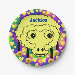 Teller, gelbe Schafe, gelbe Herzen Pappteller