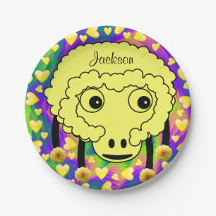 Teller, gelbe Schafe, gelbe Herzen Pappteller