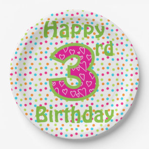 Teller/Glücklich 3. Geburtstag mit Polka Dots Pappteller