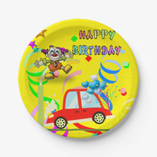 Teller, glücklich zum Geburtstag Clownwagen Confet Pappteller