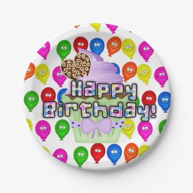 Teller, glücklich zum Geburtstag, Cupcake Balloons Pappteller (Vorderseite)