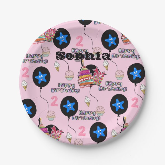 Teller, Happy 2. Geburtstag #2 Balloons Rosa Pappteller (Vorderseite)