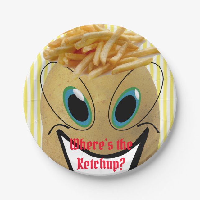 Teller, Kartoffeln, Pommes frites, gelber Streifen Pappteller (Vorderseite)