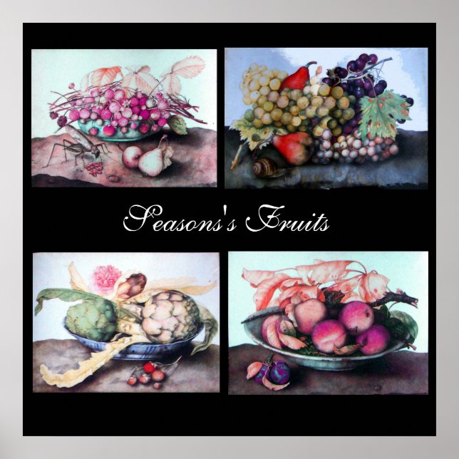 Teller/Kirschen, Pfirsiche, Trauben, Artischocken Poster (Vorne)