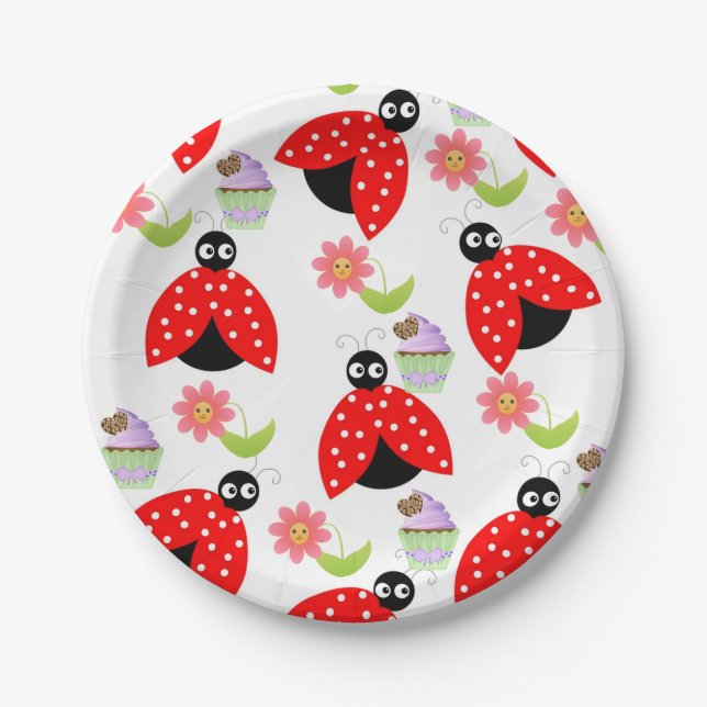 Teller, Ladybug Cupcake Floral Blume Pappteller (Vorderseite)