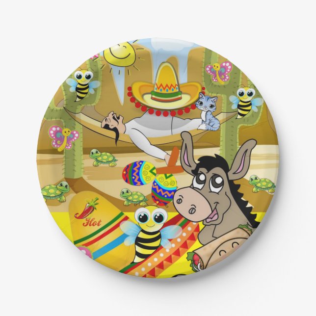 Teller, mexikanischer Mann Donkey Sun Sombrero Pappteller (Vorderseite)