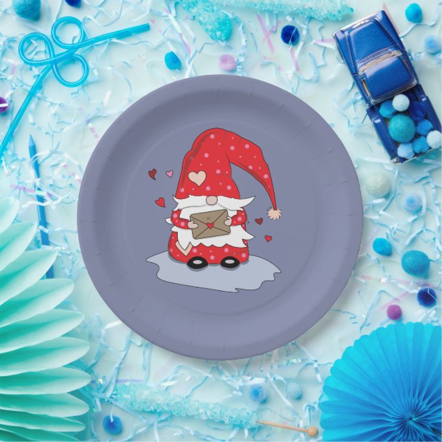 Teller mit blauem Papier mit rot bedrucktem Gnome (Party)