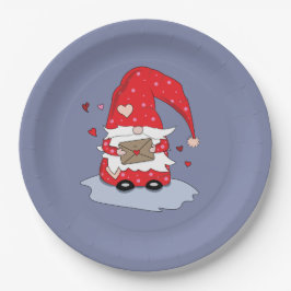 Teller mit blauem Papier mit rot bedrucktem Gnome