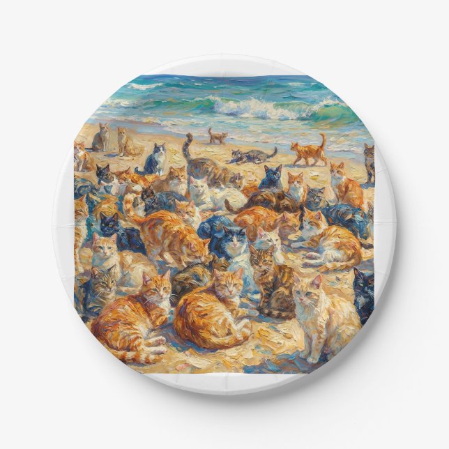 Teller mit Katzen, die sich auf dem Strand entspan (Vorderseite)
