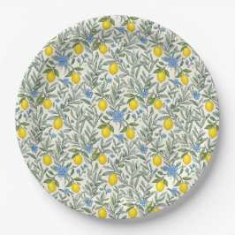 Teller mit Zitronen- und blauem Blumenmuster