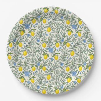 Teller mit Zitronen- und blauem Blumenmuster