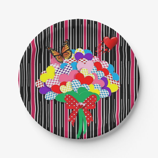 Teller Rotes Herz Liebe Viktorianisch Streifen (Vorderseite)