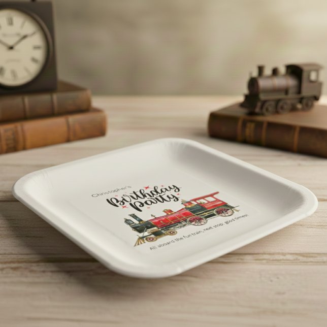 Teller von  der Geburtstagspartei des personalisie (Personalized Train Happy Birthday Paper Plates)