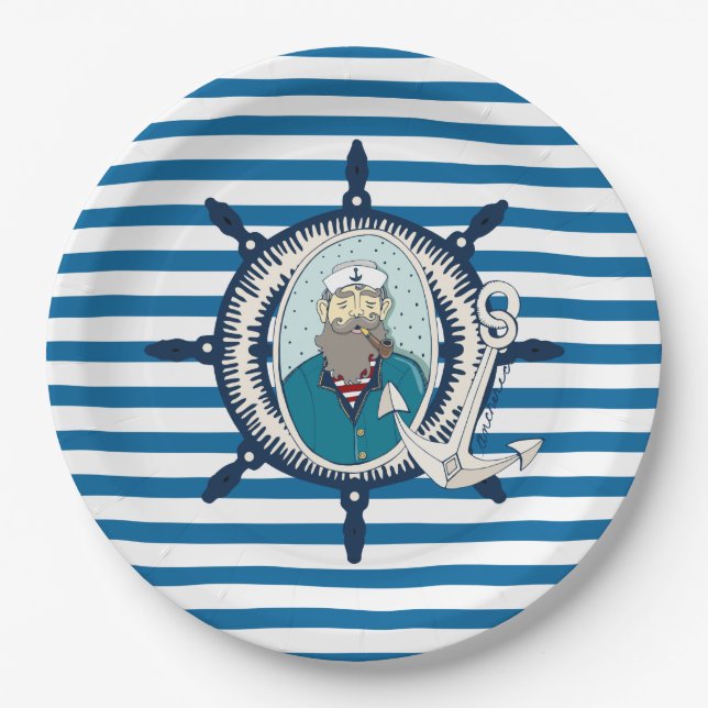 Teller von Sea Captain Blue und White Strip Paper (Vorderseite)
