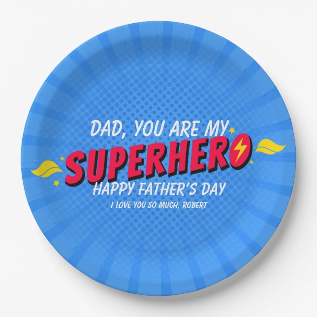 Teller zum niedlichen Comic Superherd Fathers Day (Vorderseite)