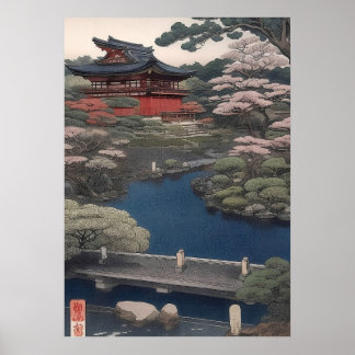 Tempel am Fluss - Japan Poster
