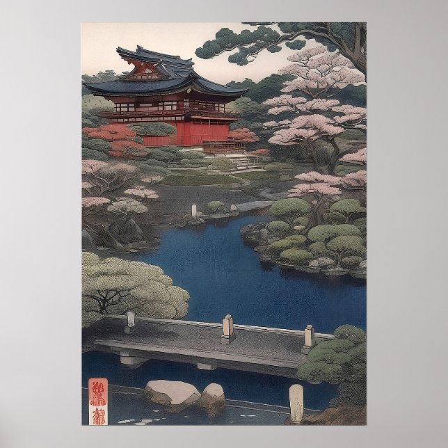Tempel am Fluss - Japan Poster (Vorne)